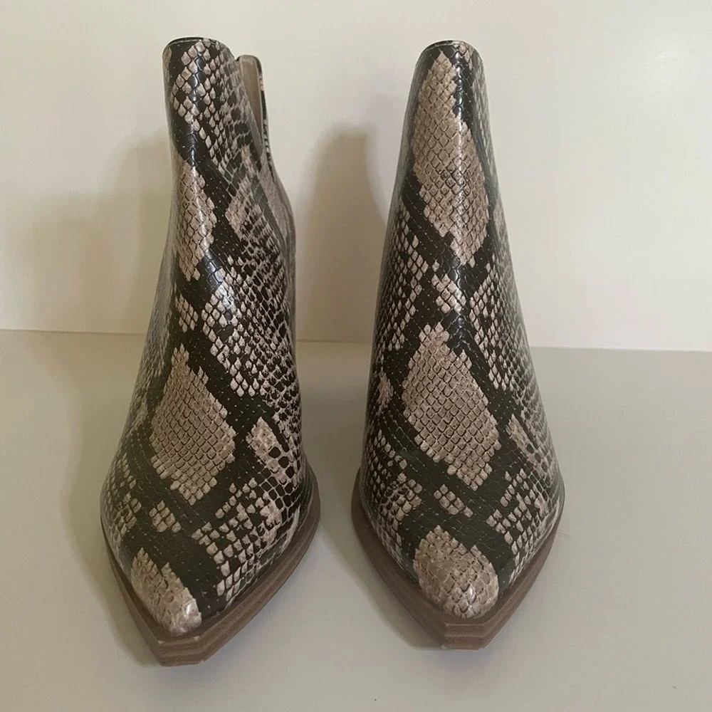 Snake Print Ankle Boots with Block Heel and Side Zip Western Pointed Toe Booties
